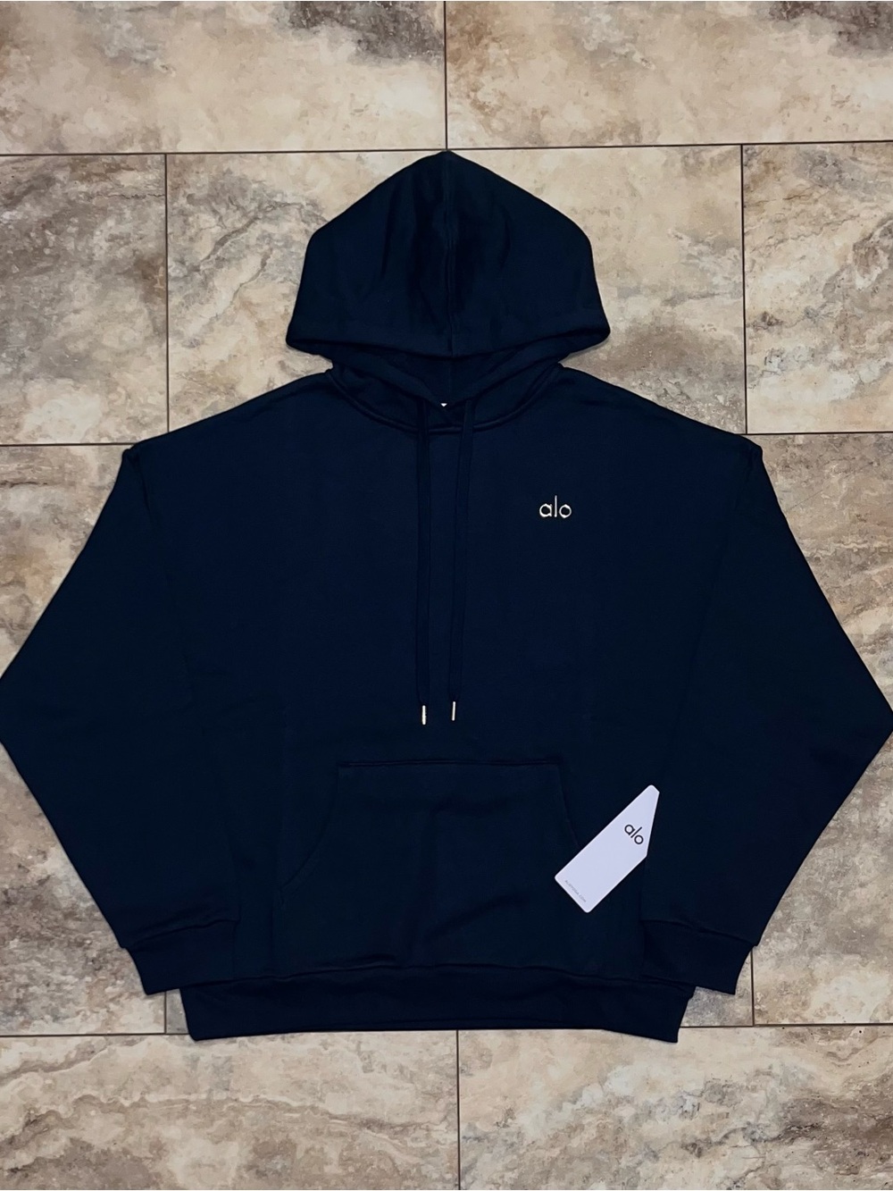 Alo Yoga Accolade Hoodie Pullover Logo Sweatshirt Navy Blue Size Large